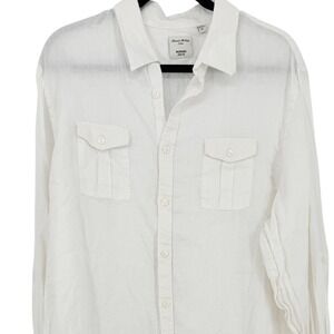 Mens Off White 100% Linen Minimalist Button Up Shirt Fitted XL Long Sleeve Summe